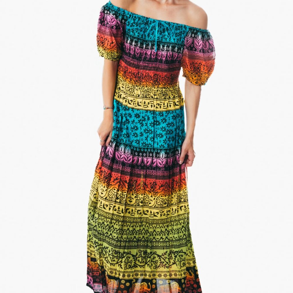 Colorful peasant maxi dress short sleeve off shoulder boho summer floral tie dye